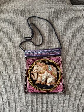 Hand-Embellished Elephant Crossbody Bag in Pink and Black